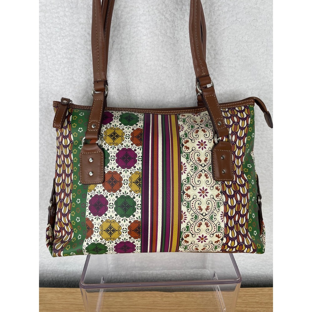 Relic Multicolor Patchwork Print Shoulder Bag Brown Faux Leather Trim Med Tote